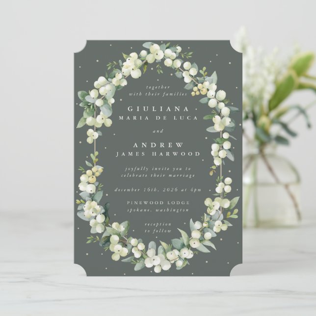 Elegant Grey Green Snowberry+Eucalyptus Wedding Einladung (Stehend Vorderseite)