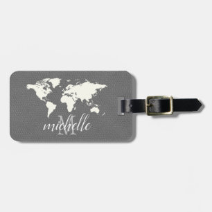 Elegant Grey Leather Travel World - Map Airplane Gepäckanhänger