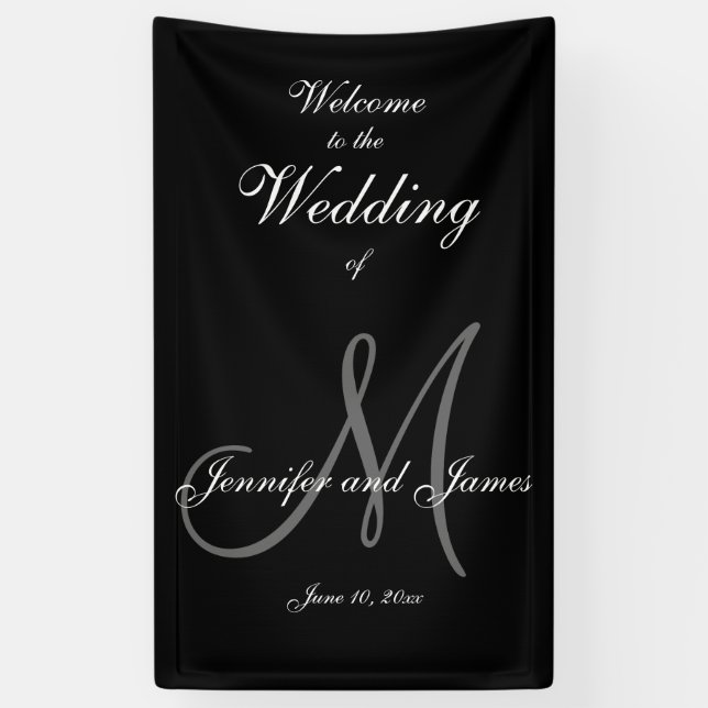 Elegant Grey M Initial et Noms Bannière Mariage (Vertical)