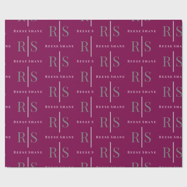 Elegant Grey Monogram & White Name, Maroon Geschenkpapier (Saum)