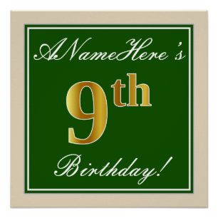 Elegant, Grün, Falsches Gold 9. Geburtstag + Name Poster