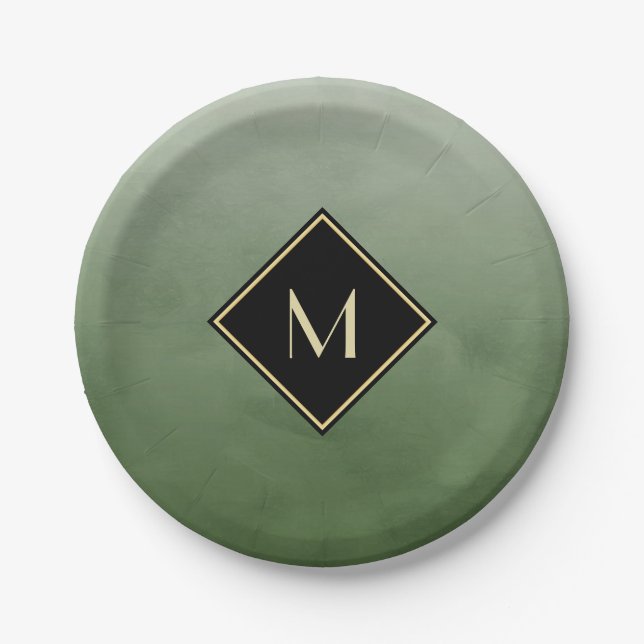 Elegant grün gebürstet mit einfachem Goldmonogramm Pappteller (Vorderseite)