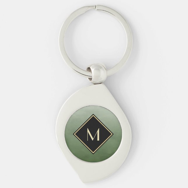 Elegant grün gebürstet mit einfachem Goldmonogramm Schlüsselanhänger (Vorderseite)