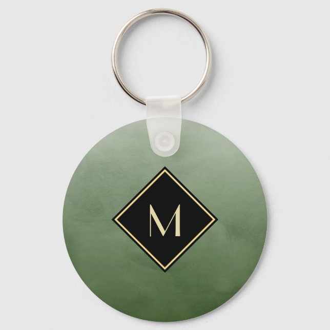 Elegant grün gebürstet mit einfachem Goldmonogramm Schlüsselanhänger (Vorderseite)