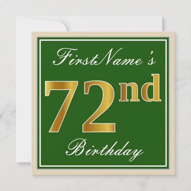Elegant, grün, Imitat-Gold72. Geburtstag + Name Einladung (Vorderseite)