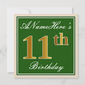 Elegant, grün, Imitate Gold 11. Geburtstag + Name Einladung