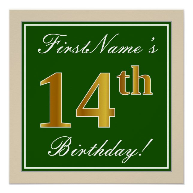 Elegant, grün, Imitate Gold 14. Geburtstag + Name Poster (Vorderseite)