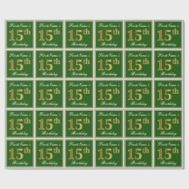 Elegant, grün, Imitate Gold 15. Geburtstag + Name Geschenkpapier