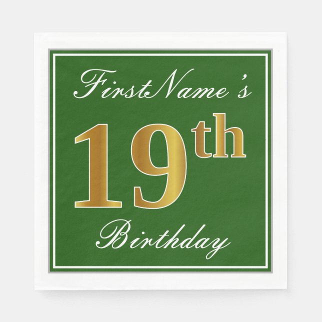 Elegant grün, Imitate Gold 19. Geburtstag + Name Serviette (Vorderseite)