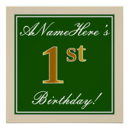 Elegant, grün, Imitate Gold 1. Geburtstag + Name Poster
