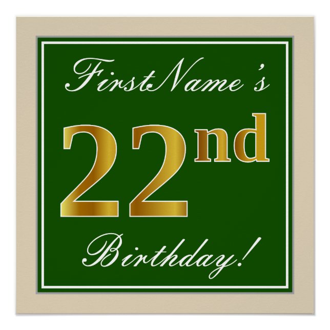 Elegant, grün, Imitate Gold 22. Geburtstag + Name Poster (Vorderseite)