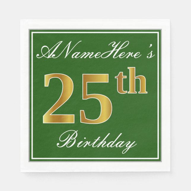 Elegant grün, Imitate Gold 25. Geburtstag + Name Serviette (Vorderseite)