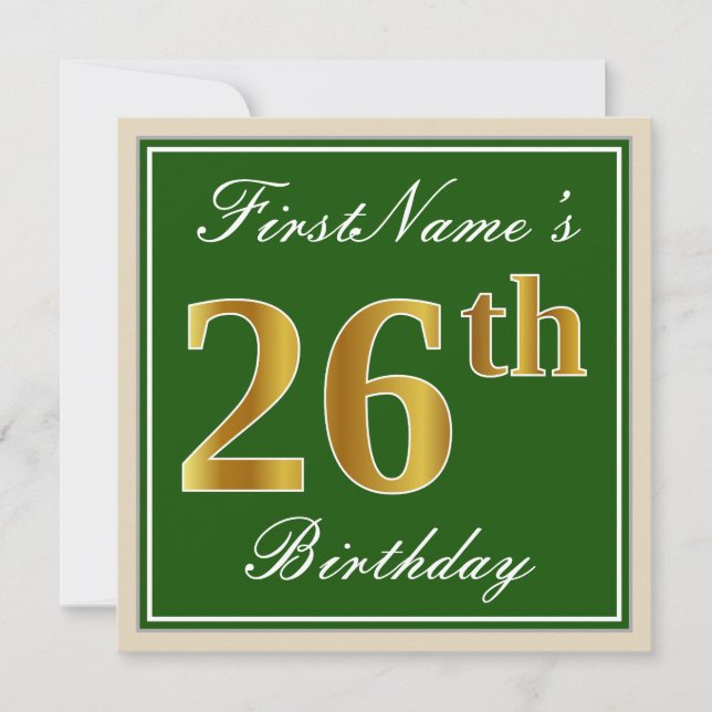Elegant, grün, Imitate Gold 26. Geburtstag + Name Einladung (Vorderseite)