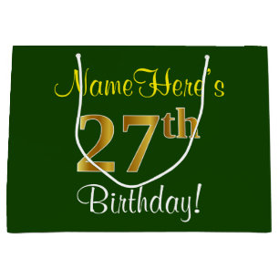 Elegant, grün, Imitate Gold 27. Geburtstag + Name Große Geschenktüte