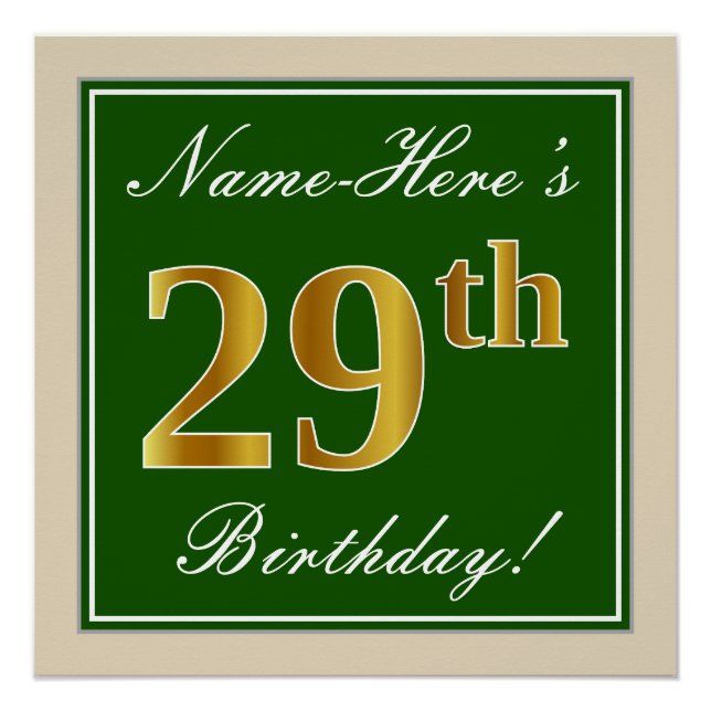 Elegant, grün, Imitate Gold 29. Geburtstag + Name Poster (Vorderseite)