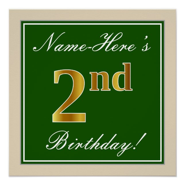 Elegant, grün, Imitate Gold 2. Geburtstag + Name Poster (Vorderseite)