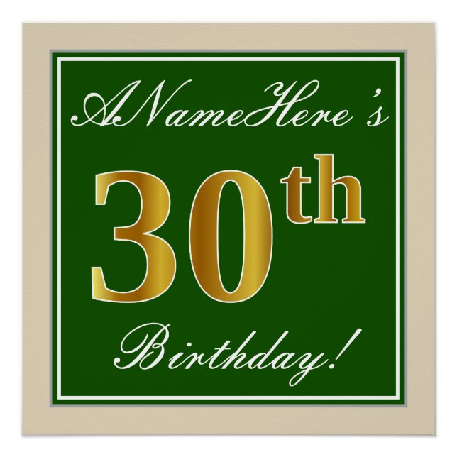 Elegant, grün, Imitate Gold 30. Geburtstag + Name Poster (Vorderseite)