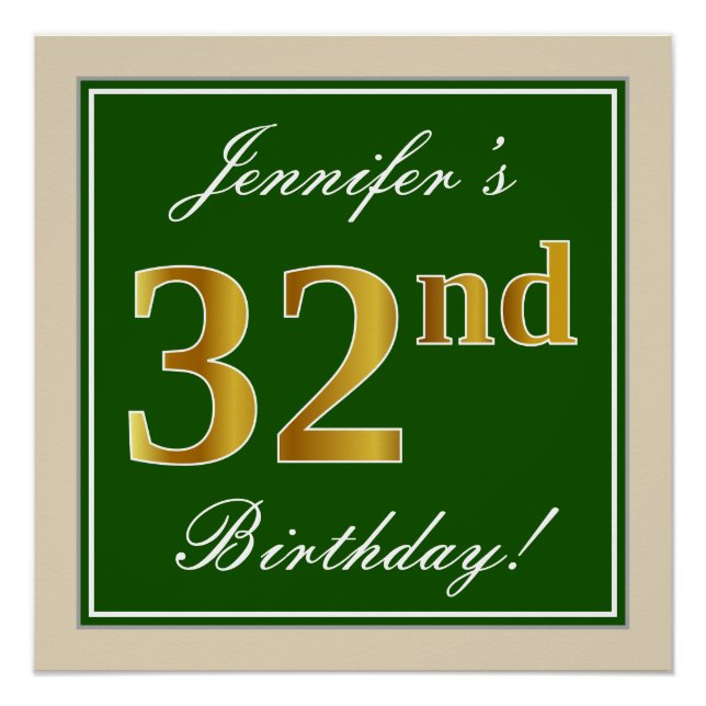 Elegant, grün, Imitate Gold 32. Geburtstag + Name Poster (Vorderseite)