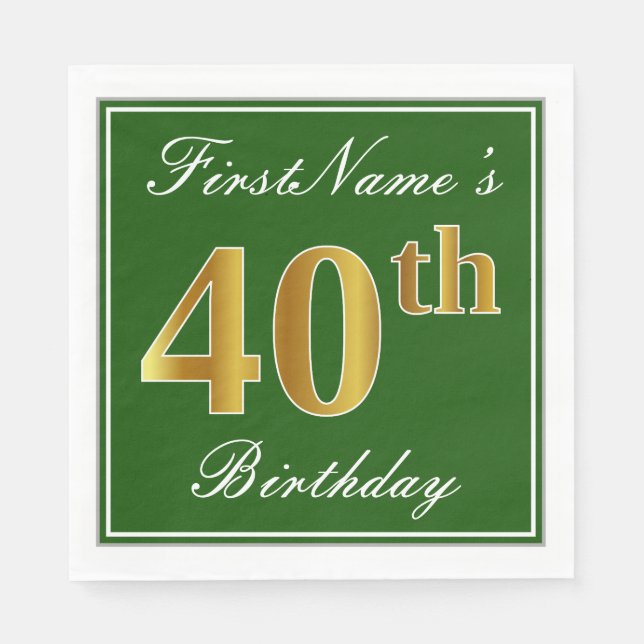 Elegant grün, Imitate Gold 40. Geburtstag + Name Serviette (Vorderseite)