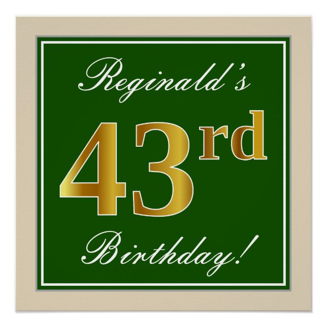 Elegant, grün, Imitate Gold 43. Geburtstag + Name Poster (Vorderseite)