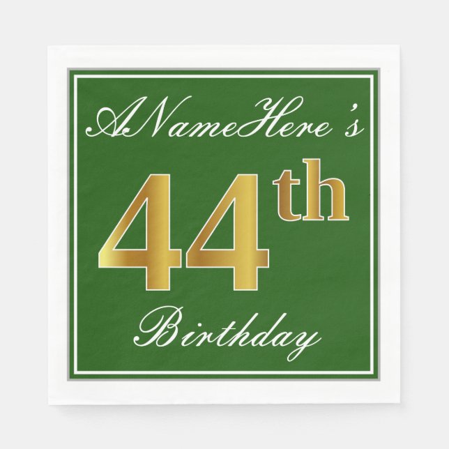 Elegant grün, Imitate Gold 44. Geburtstag + Name Serviette (Vorderseite)