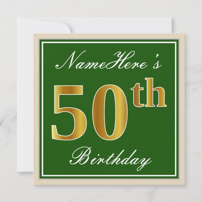Elegant, grün, Imitate Gold 50. Geburtstag + Name Einladung (Vorderseite)