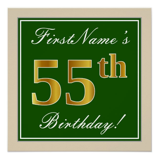 Elegant, grün, Imitate Gold 55. Geburtstag + Name Poster (Vorderseite)