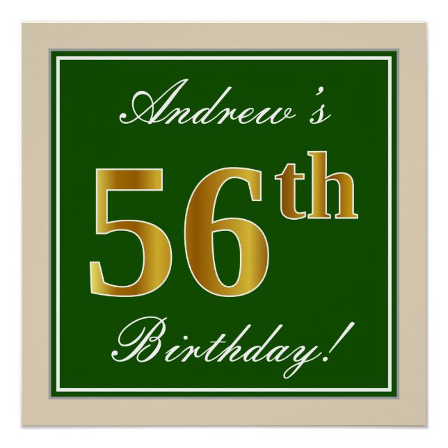 Elegant, grün, Imitate Gold 56. Geburtstag + Name Poster (Vorderseite)