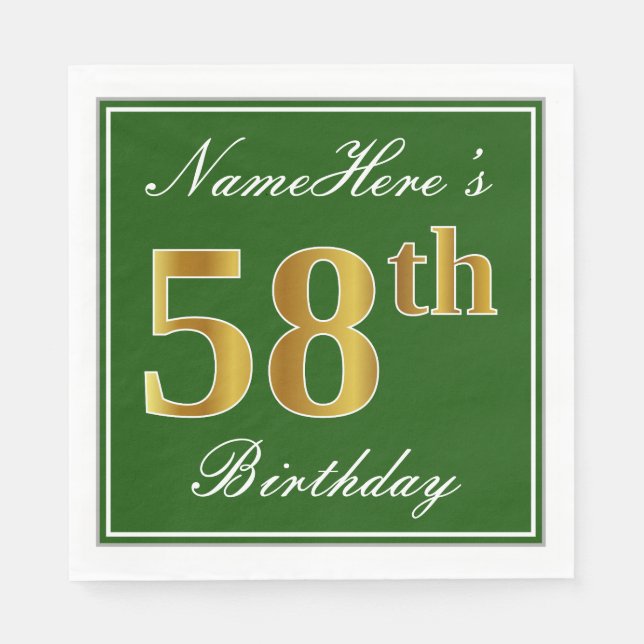 Elegant grün, Imitate Gold 58. Geburtstag + Name Serviette (Vorderseite)