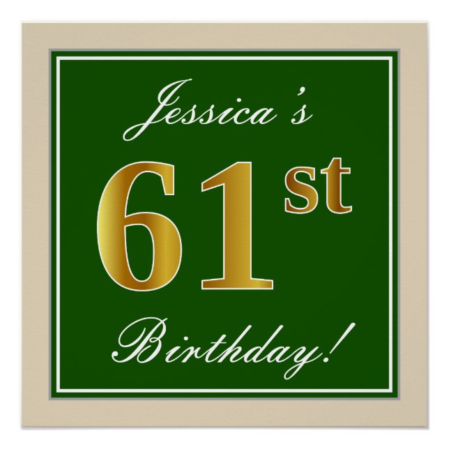 Elegant, grün, Imitate Gold 61. Geburtstag + Name Poster (Vorderseite)