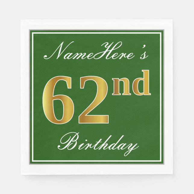 Elegant grün, Imitate Gold 62. Geburtstag + Name Serviette (Vorderseite)