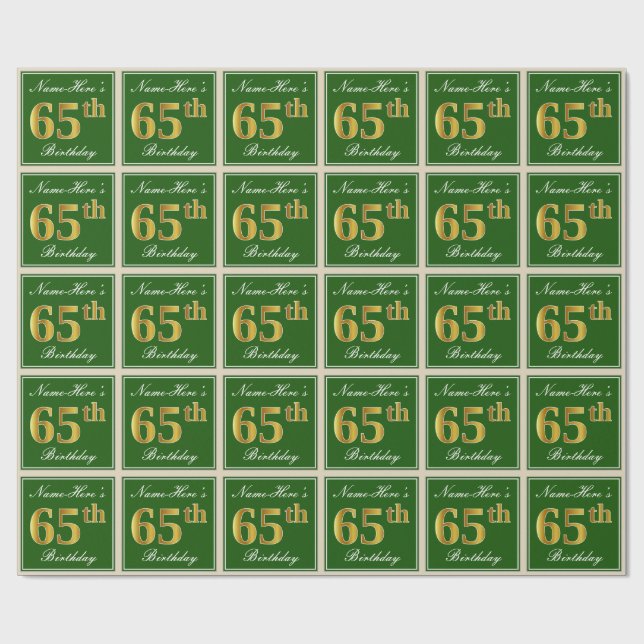 Elegant, grün, Imitate Gold 65. Geburtstag + Name Geschenkpapier (Flach)