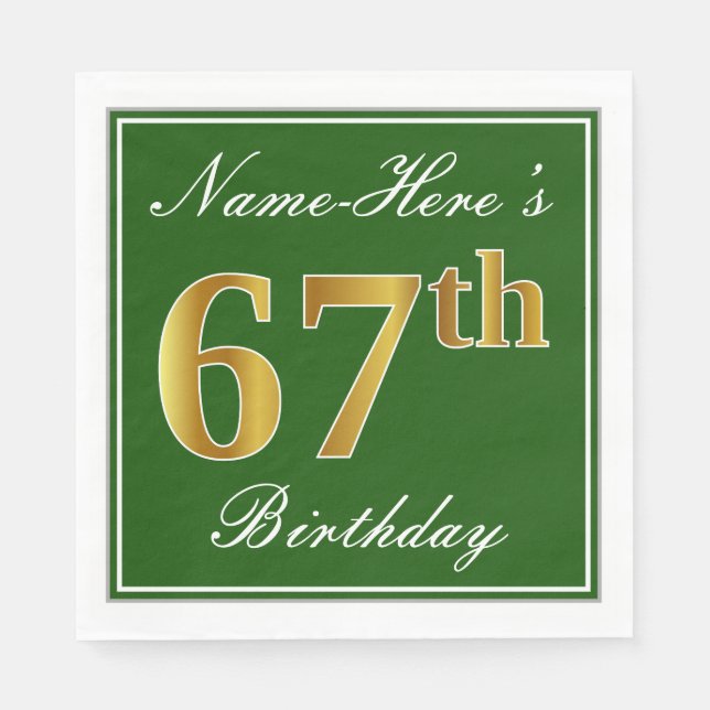 Elegant grün, Imitate Gold 67. Geburtstag + Name Serviette (Vorderseite)