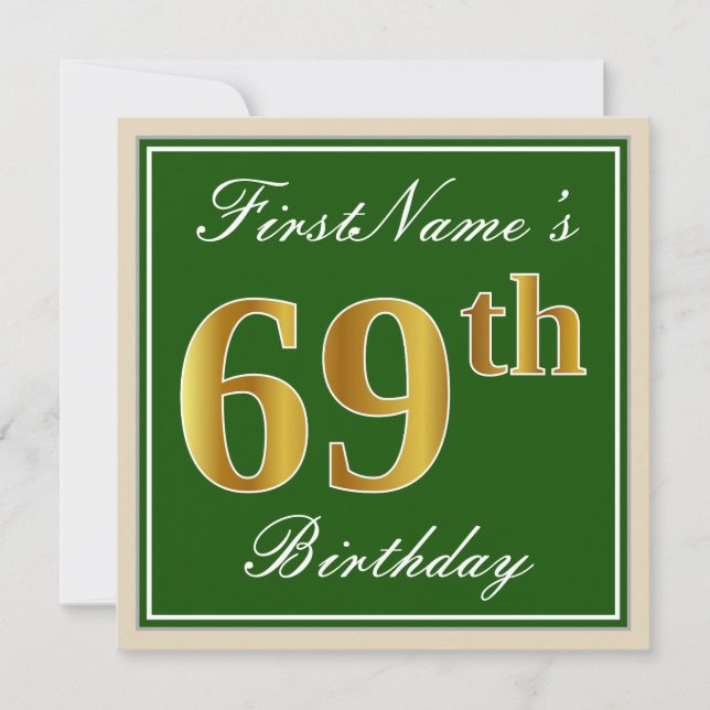 Elegant, grün, Imitate Gold 69. Geburtstag + Name Einladung (Vorderseite)