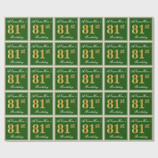 Elegant, grün, Imitate Gold 81. Geburtstag + Name Geschenkpapier (Flach)
