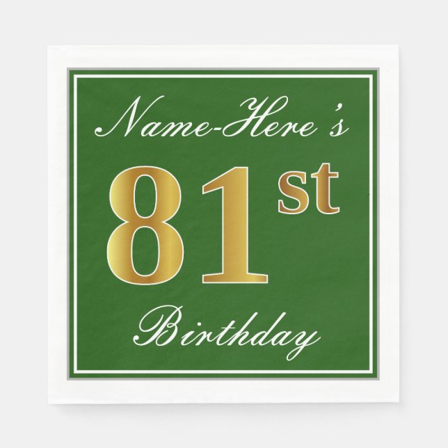 Elegant grün, Imitate Gold 81. Geburtstag + Name Serviette (Vorderseite)