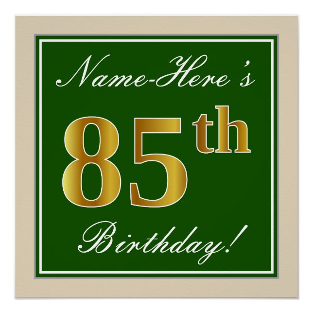 Elegant, grün, Imitate Gold 85. Geburtstag + Name Poster (Vorderseite)