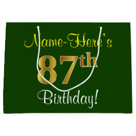 Elegant, grün, Imitate Gold 87. Geburtstag + Name Große Geschenktüte