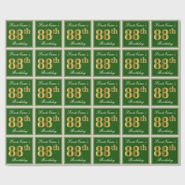 Elegant, grün, Imitate Gold 88. Geburtstag + Name Geschenkpapier (Flach)
