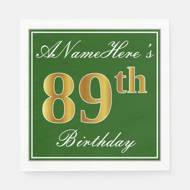 Elegant grün, Imitate Gold 89. Geburtstag + Name Serviette (Vorderseite)