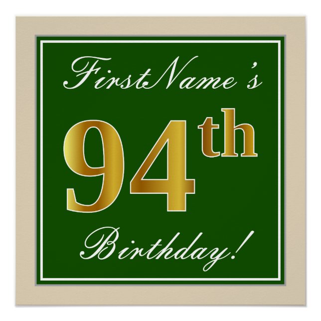 Elegant, grün, Imitate Gold 94. Geburtstag + Name Poster (Vorderseite)