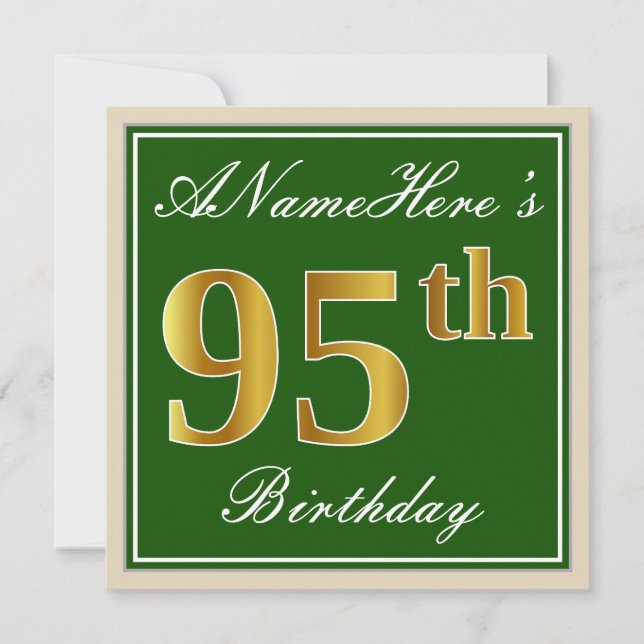 Elegant, grün, Imitate Gold 95. Geburtstag + Name Einladung (Vorderseite)