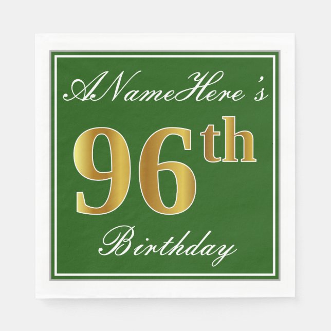 Elegant grün, Imitate Gold 96. Geburtstag + Name Serviette (Vorderseite)