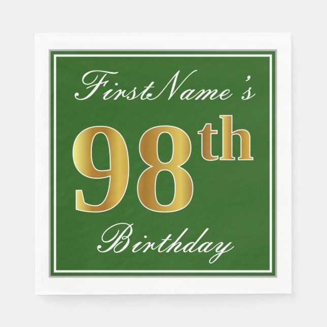 Elegant grün, Imitate Gold 98. Geburtstag + Name Serviette (Vorderseite)