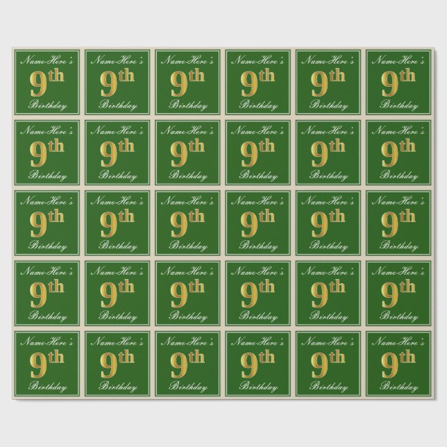 Elegant, grün, Imitate Gold 9. Geburtstag + Name Geschenkpapier (Flach)