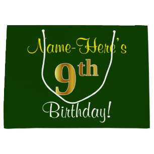 Elegant, grün, Imitate Gold 9. Geburtstag + Name Große Geschenktüte