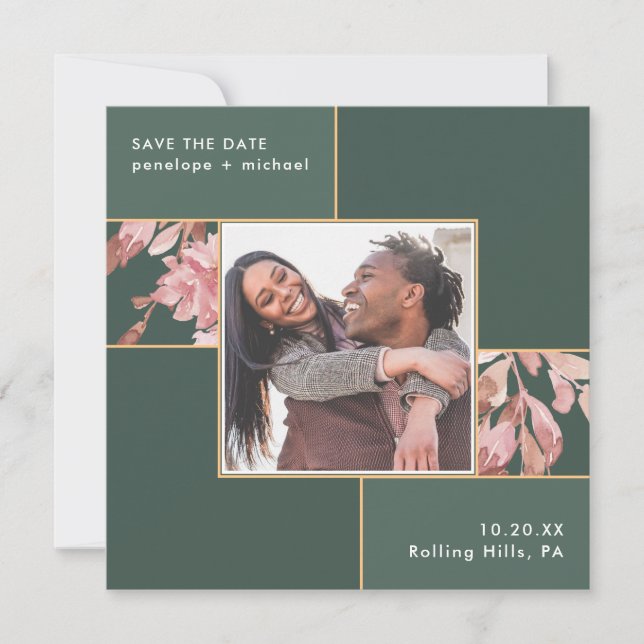 Elegant grün mit rosa Foto Hochzeit Save The Date (Vorderseite)