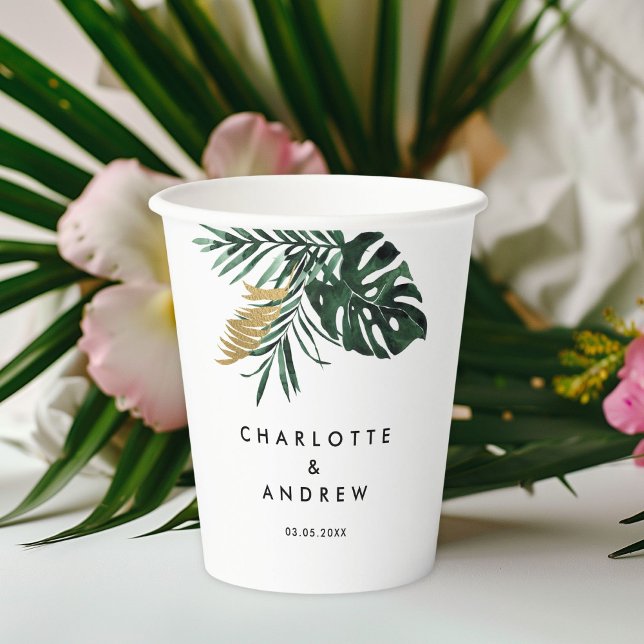 Elegant, grüner Palm, Gold (Nachahmung) Pappbecher (Tropical elegant wedding paper cups with your names and date.)