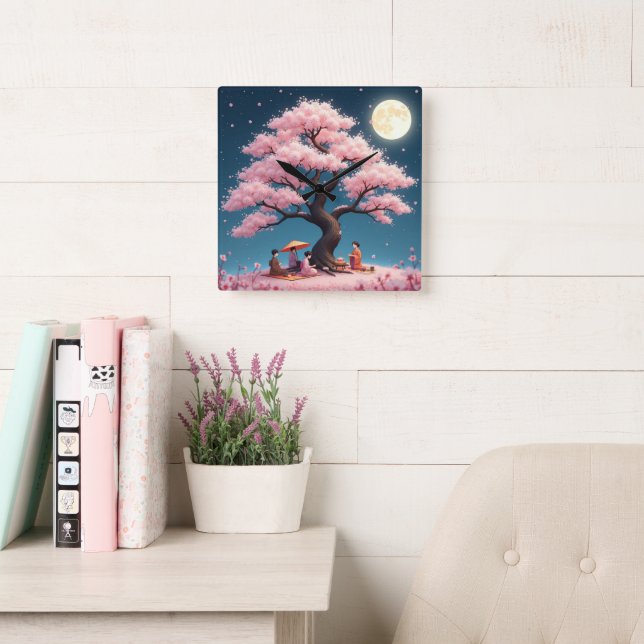 Elegant Hanami Cherry Blossom Wall Clock Quadratische Wanduhr (Lesesaal)