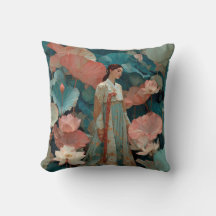 Elegant Hanbok Woman in Pink Lotus Garden